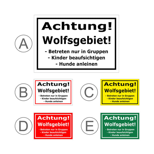 Übersichtsbild Schild Achtung Wolfsgebiet Verhaltenshinweis ‚Achtung! Wolfsgebiet!‘ mit allen verfügbaren Farbvarianten
