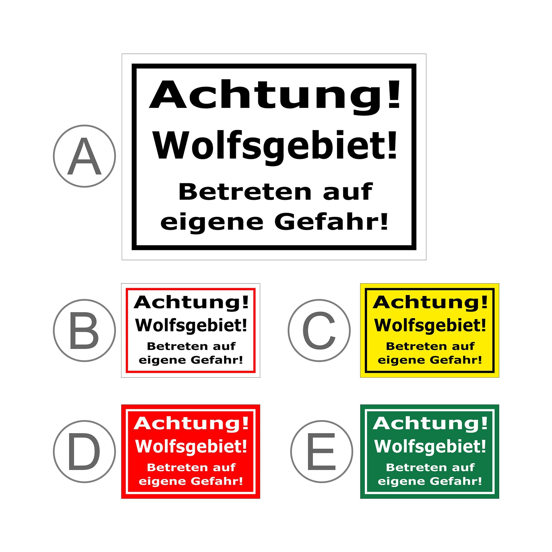 Übersichtsbild Schild Achtung Wolfsgebiet Betreten auf eigene Gefahr mit allen verfügbaren Farbvarianten