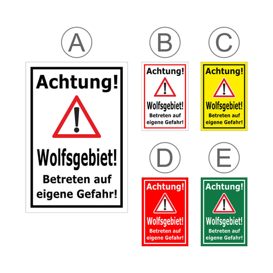 Übersichtsbild Schild Achtung Wolfsgebiet Betreten auf eigene Gefahr mit allen verfügbaren Farbvarianten