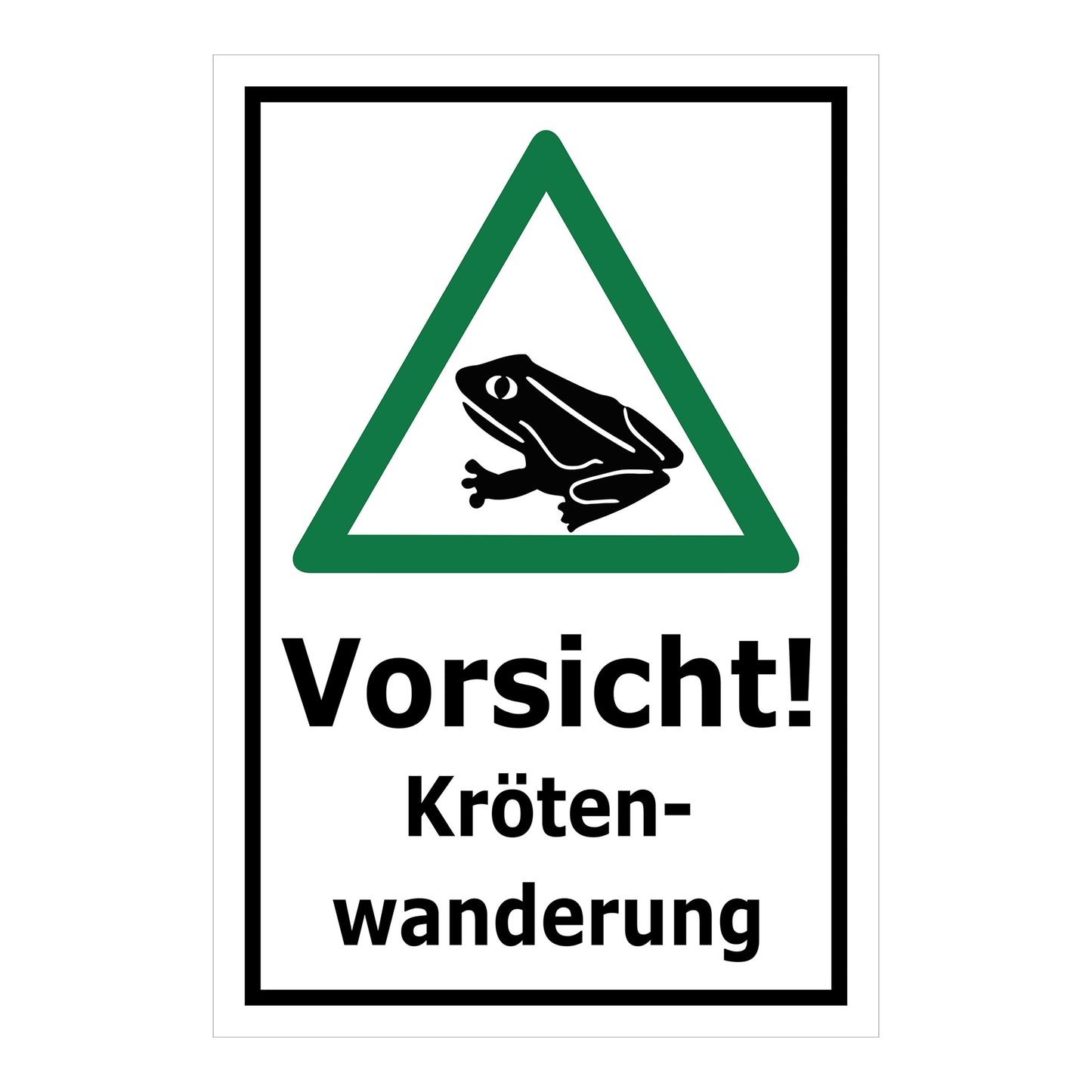 Schild Vorsicht Krötenwanderung ‚Vorsicht! Kröten-wanderung‘ mit weißem Hintergrund und grünem Warndreieck