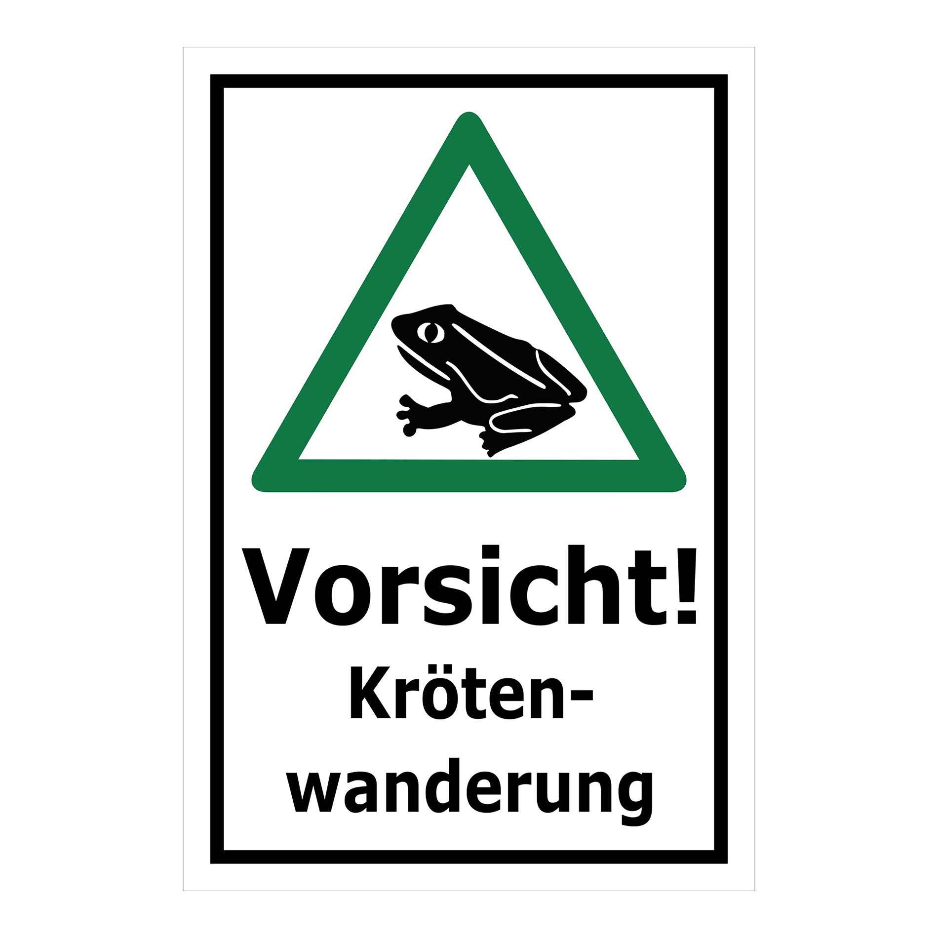 Schild Vorsicht Krötenwanderung ‚Vorsicht! Kröten-wanderung‘ mit weißem Hintergrund und grünem Warndreieck