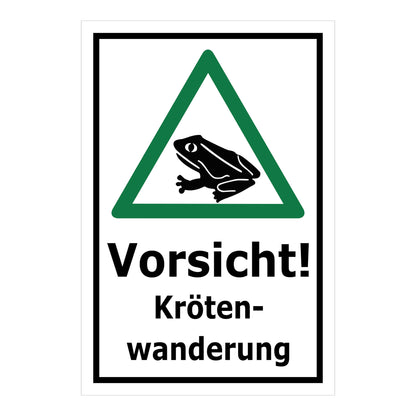 Schild Vorsicht Krötenwanderung ‚Vorsicht! Kröten-wanderung‘ mit weißem Hintergrund und grünem Warndreieck