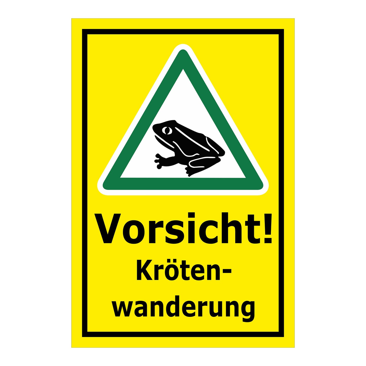 Schild Vorsicht Krötenwanderung ‚Vorsicht! Kröten-wanderung‘ mit gelbem Hintergrund