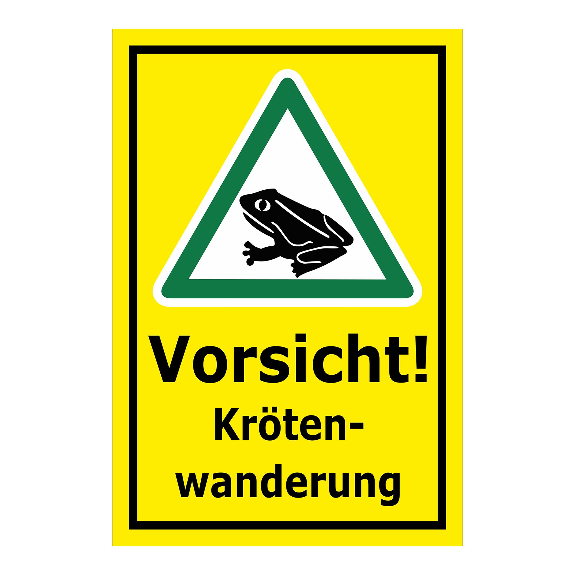 Schild Vorsicht Krötenwanderung ‚Vorsicht! Kröten-wanderung‘ mit gelbem Hintergrund