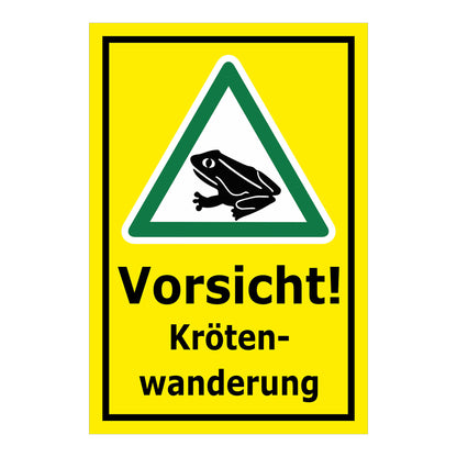 Schild Vorsicht Krötenwanderung ‚Vorsicht! Kröten-wanderung‘ mit gelbem Hintergrund
