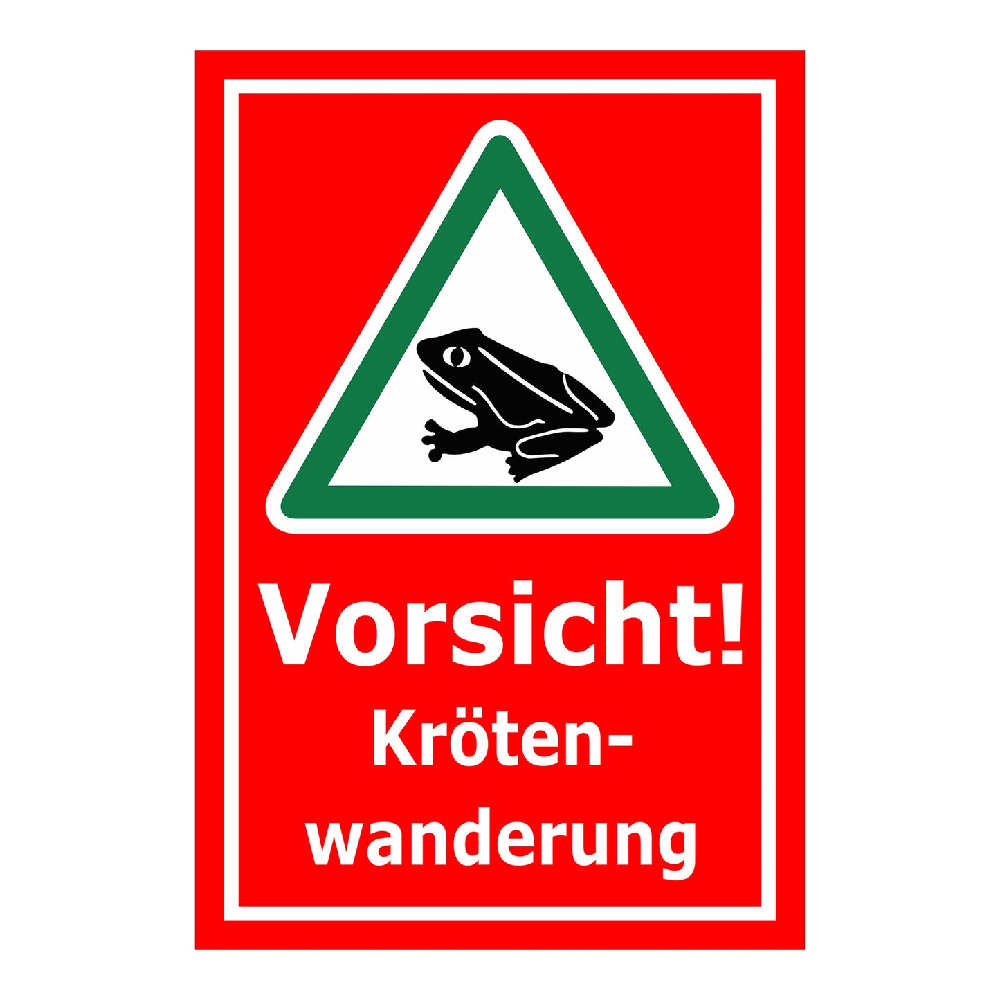 Schild Vorsicht Krötenwanderung ‚Vorsicht! Kröten-wanderung‘ mit rotem Hintergrund
