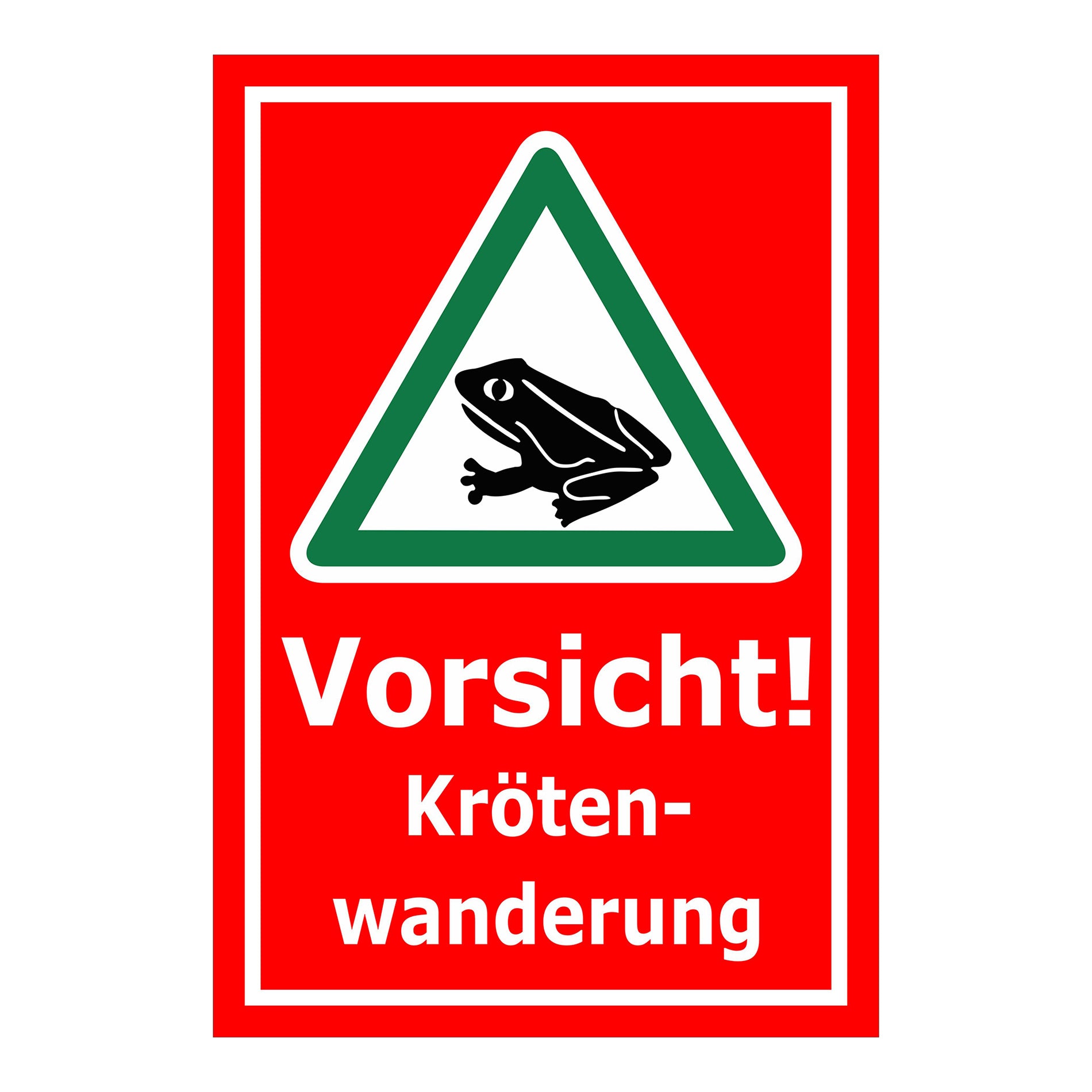 Schild Vorsicht Krötenwanderung ‚Vorsicht! Kröten-wanderung‘ mit rotem Hintergrund