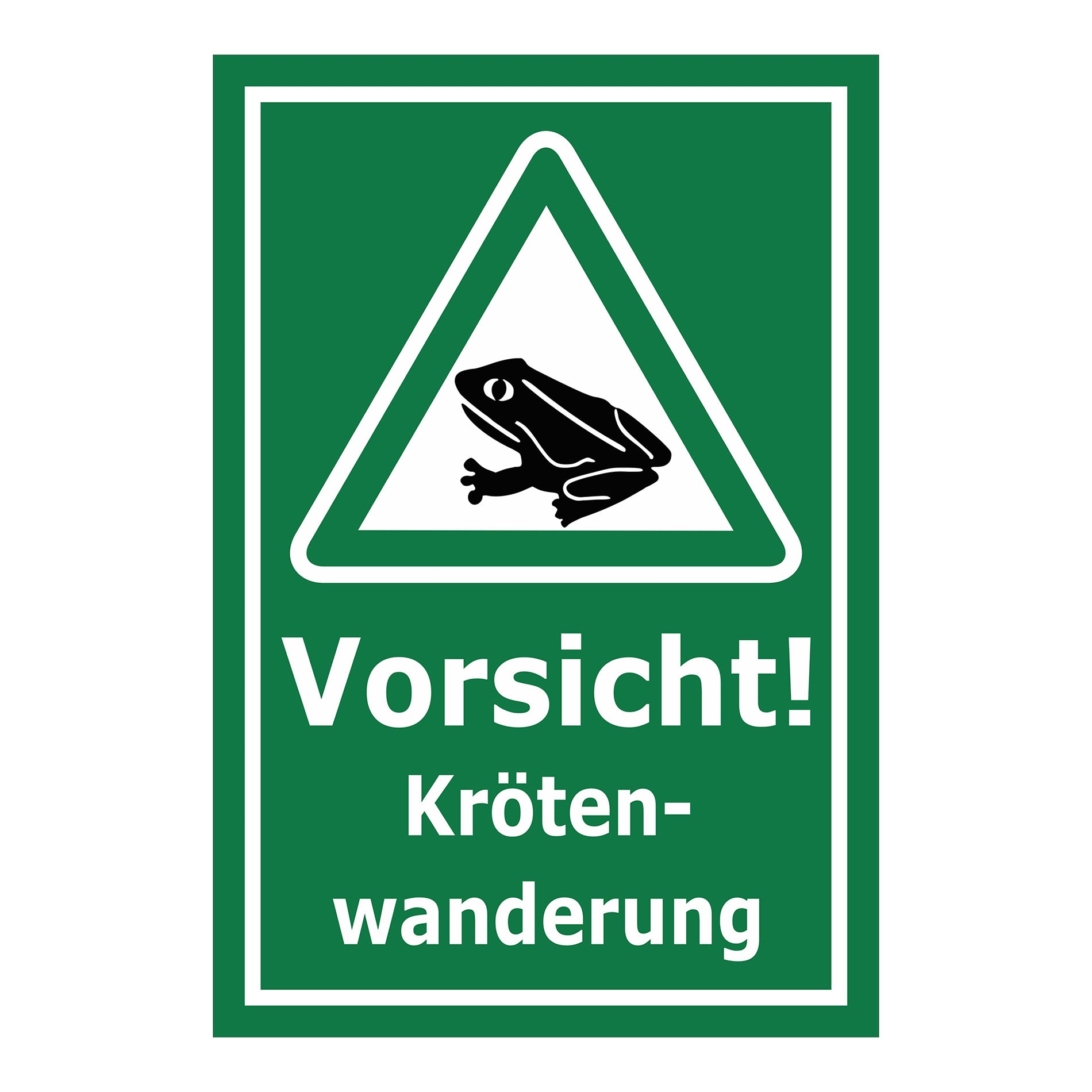 Schild Vorsicht Krötenwanderung ‚Vorsicht! Kröten-wanderung‘ mit grünem Hintergrund