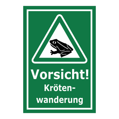 Schild Vorsicht Krötenwanderung ‚Vorsicht! Kröten-wanderung‘ mit grünem Hintergrund