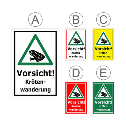 Übersichtsbild Schild Vorsicht Krötenwanderung ‚Vorsicht! Kröten-wanderung‘ mit allen verfügbaren Farbvarianten