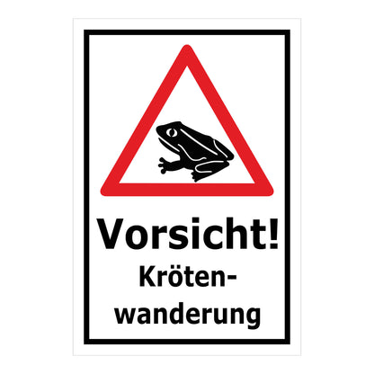 Schild Vorsicht Krötenwanderung ‚Vorsicht! Kröten-wanderung‘ weißer Hintergrund mit schwarzem Rand