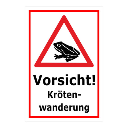 Schild Vorsicht Krötenwanderung ‚Vorsicht! Kröten-wanderung‘ weißer Hintergrund mit rotem Rand