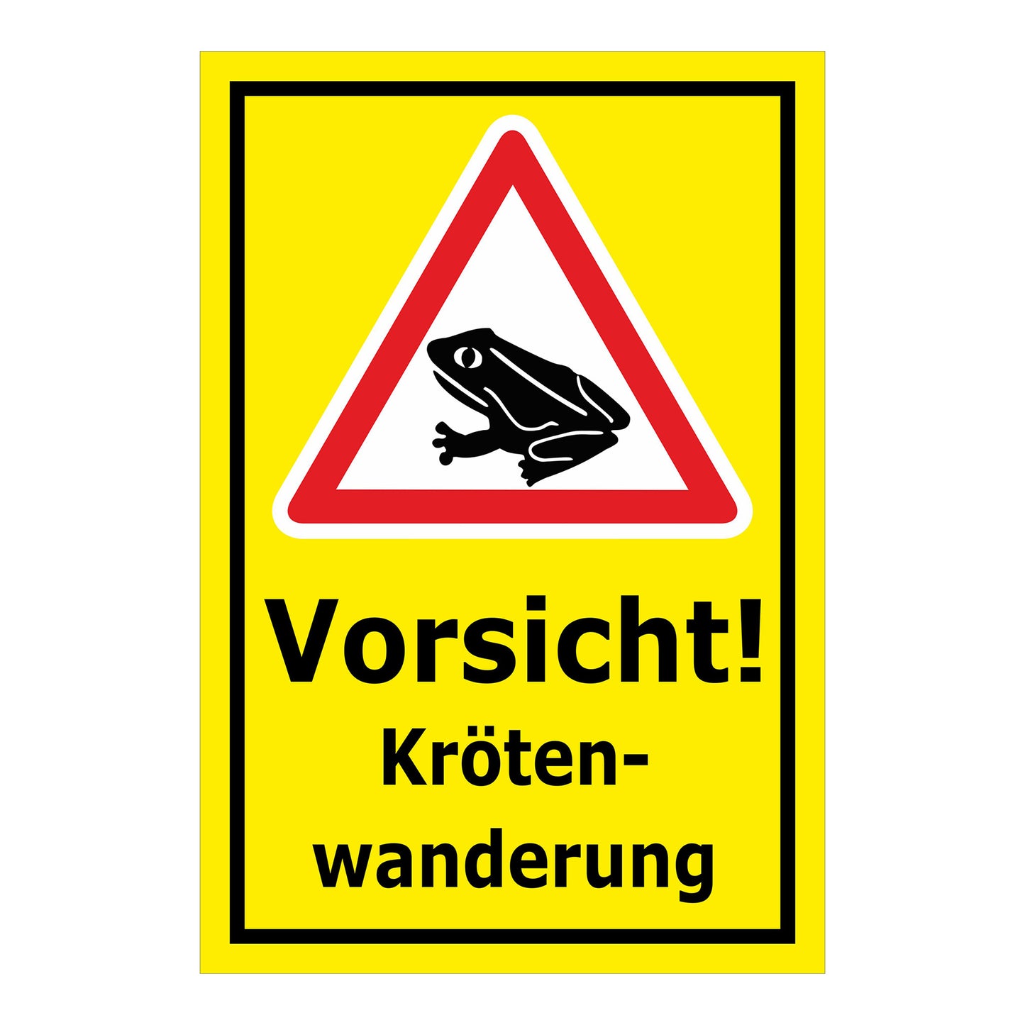 Schild Vorsicht Krötenwanderung ‚Vorsicht! Kröten-wanderung‘ gelber Hintergrund mit schwarzem Rand