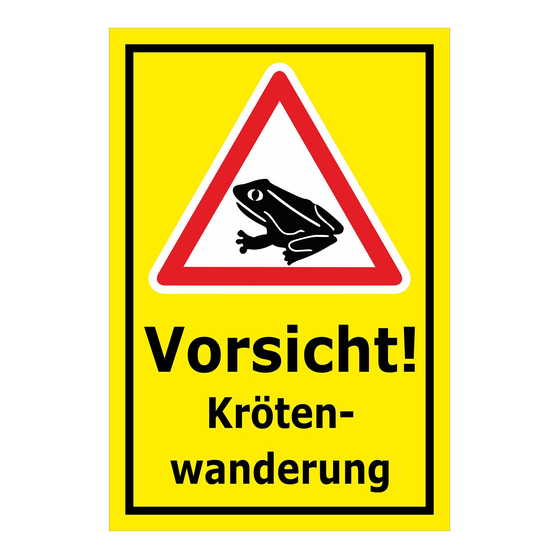 Schild Vorsicht Krötenwanderung ‚Vorsicht! Kröten-wanderung‘ gelber Hintergrund mit schwarzem Rand