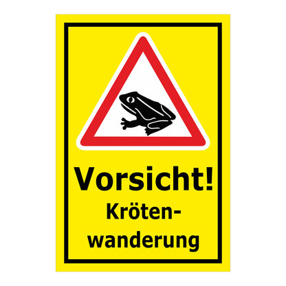 Schild Vorsicht Krötenwanderung ‚Vorsicht! Kröten-wanderung‘ gelber Hintergrund mit schwarzem Rand