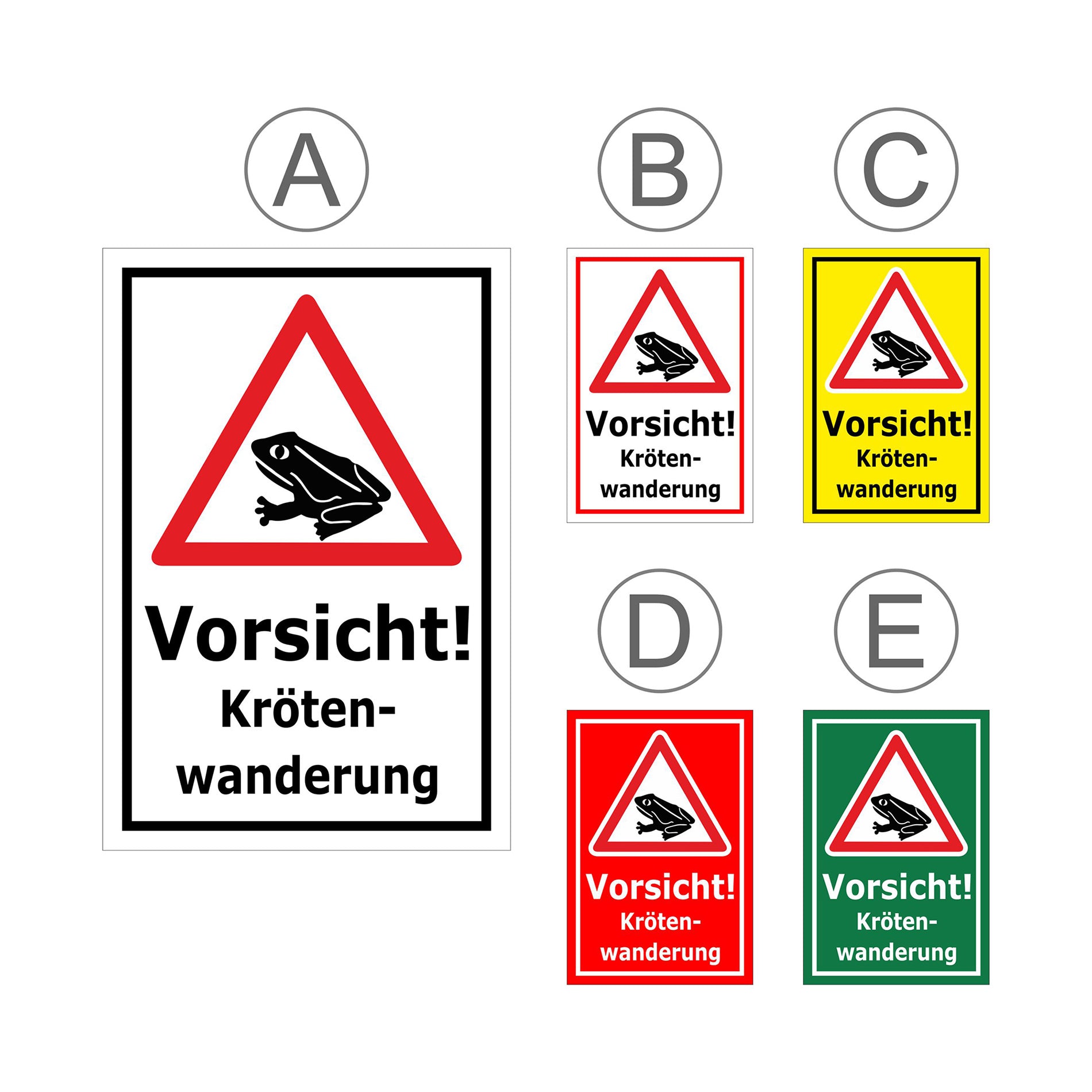 Übersichtsbild Schild Vorsicht Krötenwanderung ‚Vorsicht! Kröten-wanderung‘ mit allen verfügbaren Farbvarianten