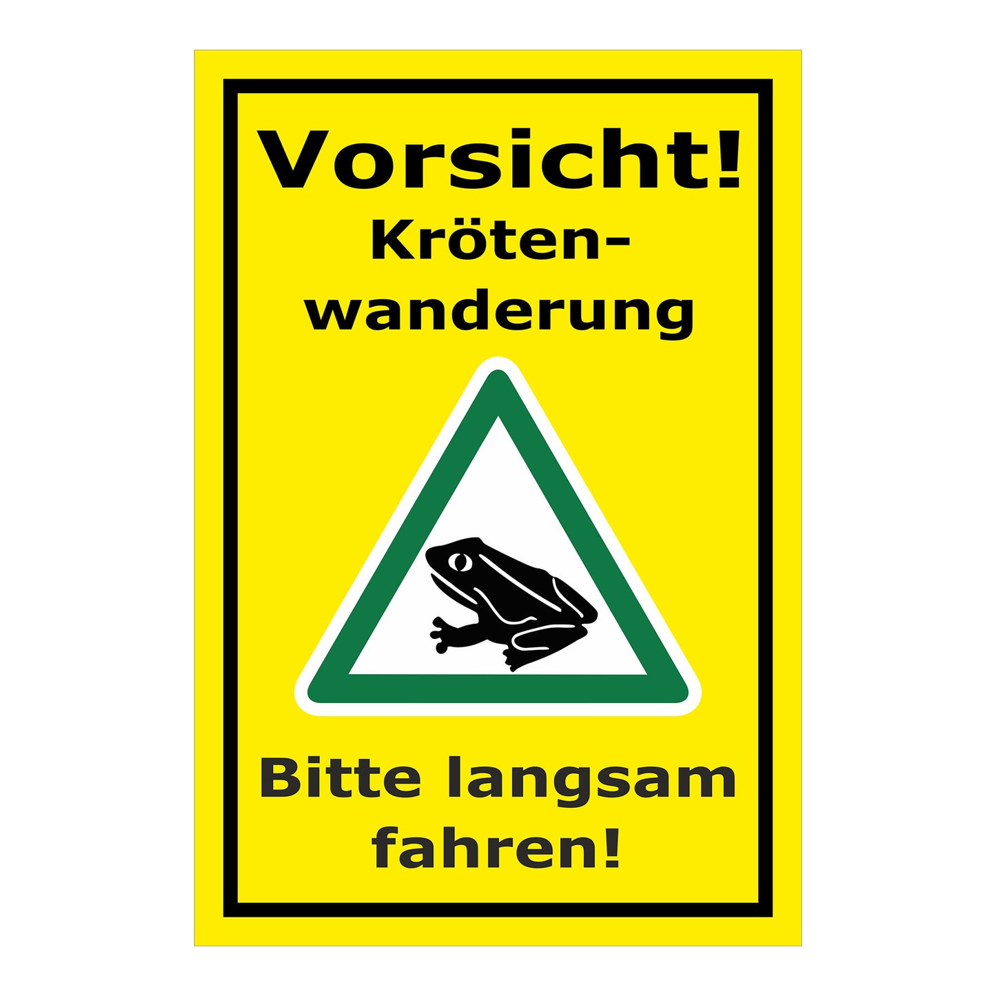 Schild Vorsicht Krötenwanderung Bitte langsam fahren in gelbem Hintergrund