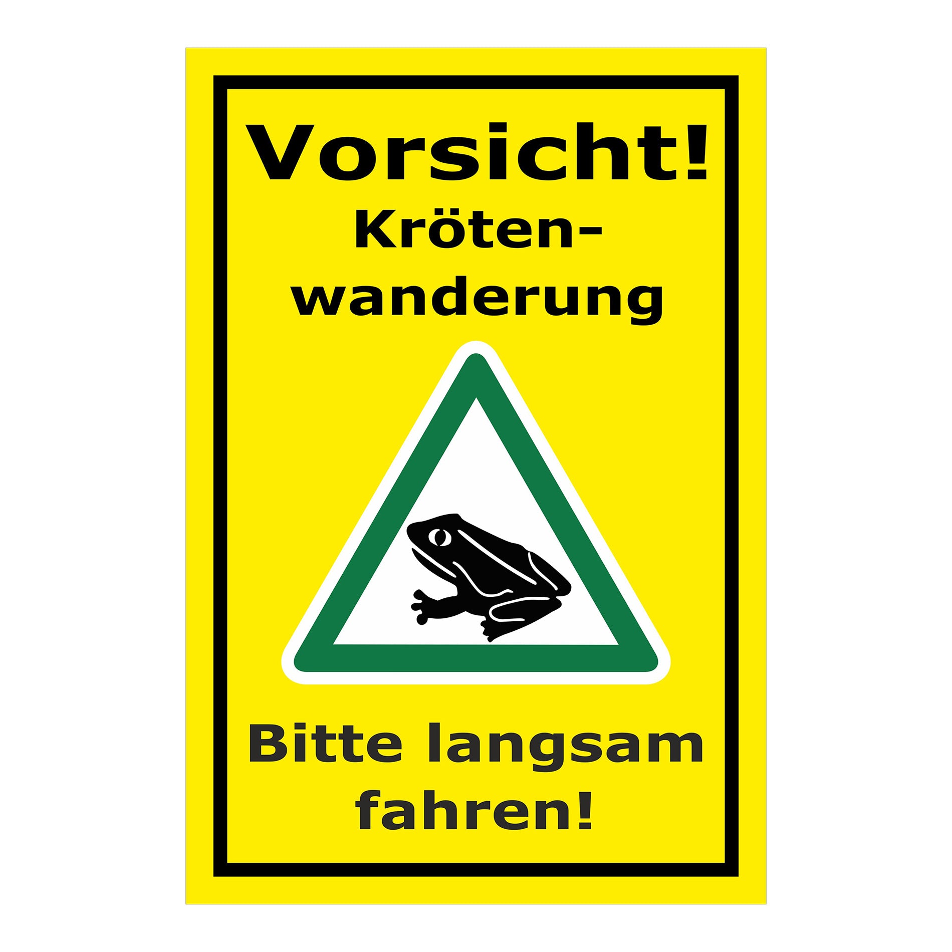 Schild Vorsicht Krötenwanderung Bitte langsam fahren in gelbem Hintergrund
