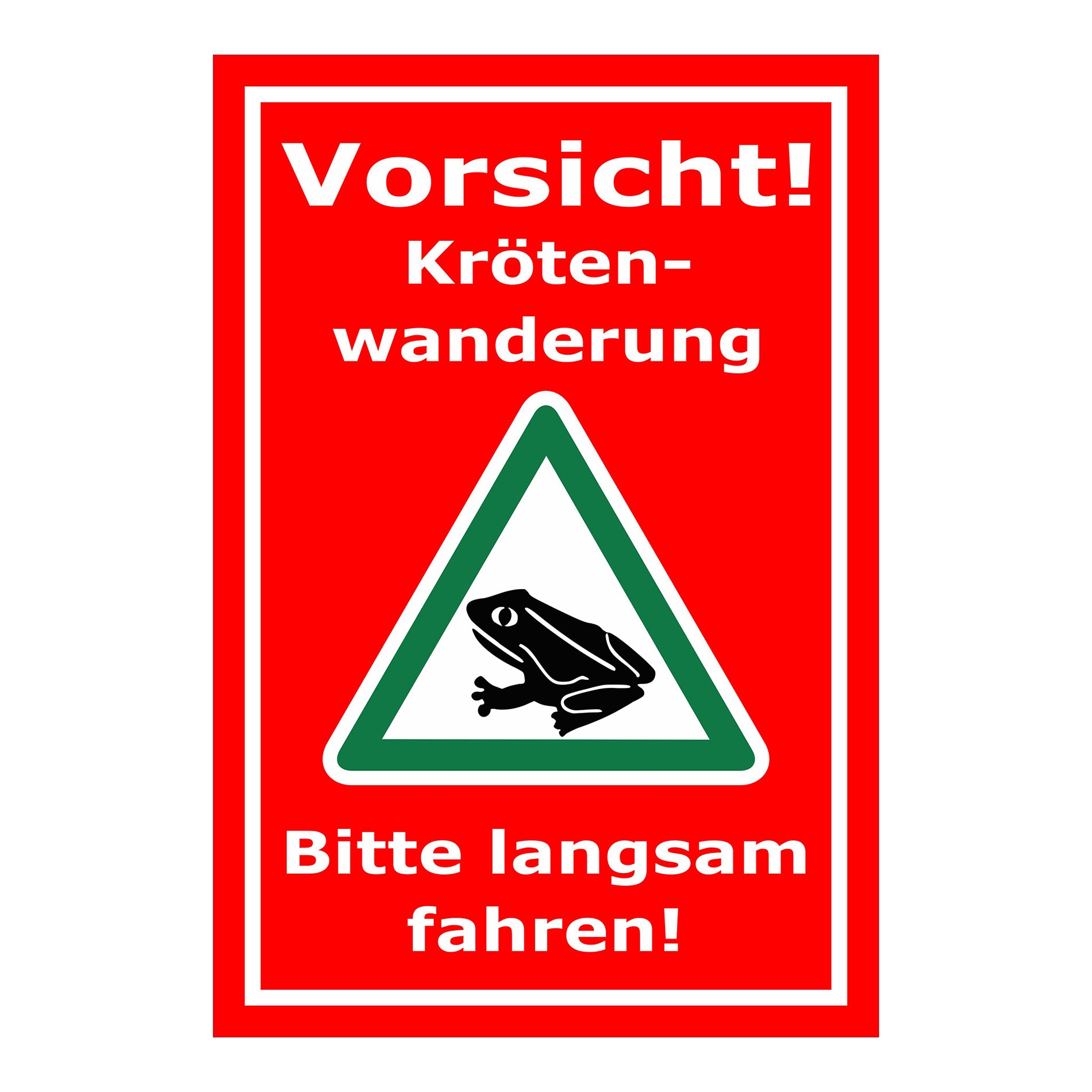 Schild Vorsicht Krötenwanderung Bitte langsam fahren in rotem Hintergrund