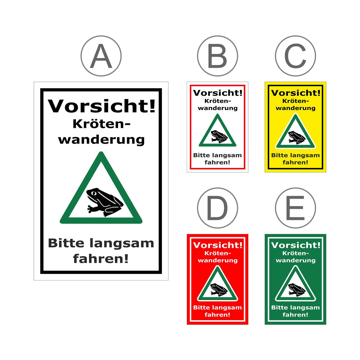 Übersichtsbild Schild Vorsicht Krötenwanderung Bitte langsam fahren mit allen verfügbaren Farbvarianten