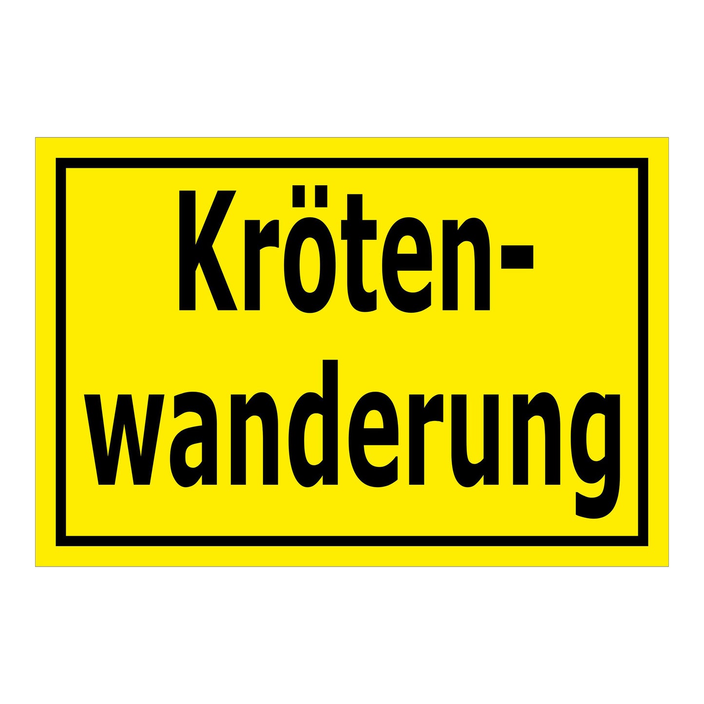 Schild Krötenwanderung ‚Kröten-wanderung‘ gelber Hintergrund mit schwarzem Rand