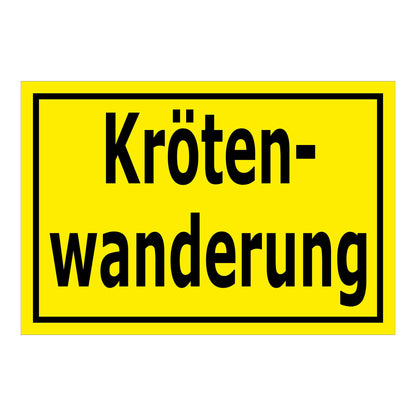 Schild Krötenwanderung ‚Kröten-wanderung‘ gelber Hintergrund mit schwarzem Rand