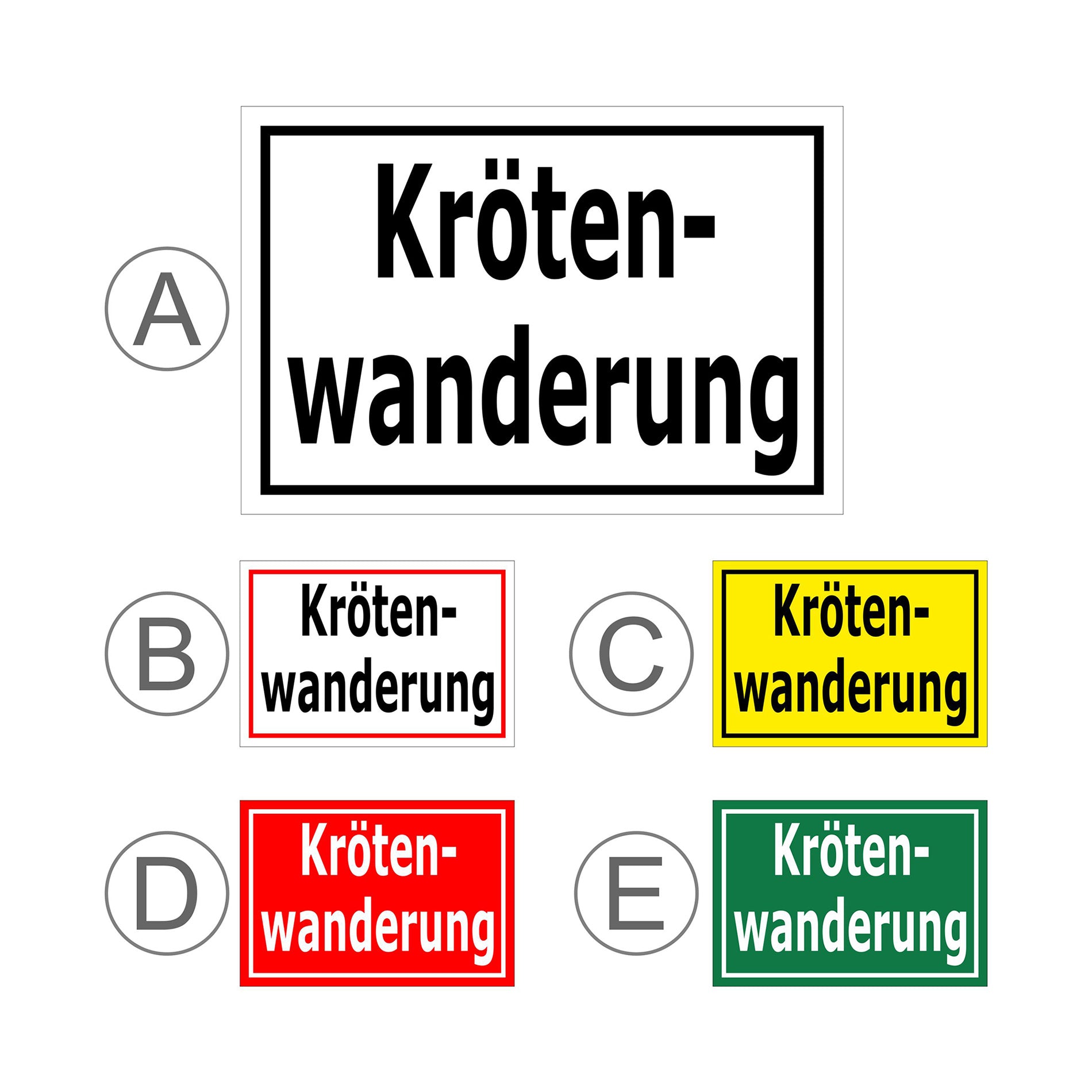 Übersichtsbild Schild Krötenwanderung ‚Kröten-wanderung‘ mit allen verfügbaren Farbvarianten