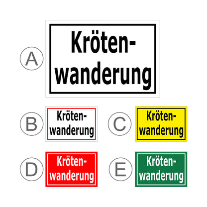 Übersichtsbild Schild Krötenwanderung ‚Kröten-wanderung‘ mit allen verfügbaren Farbvarianten