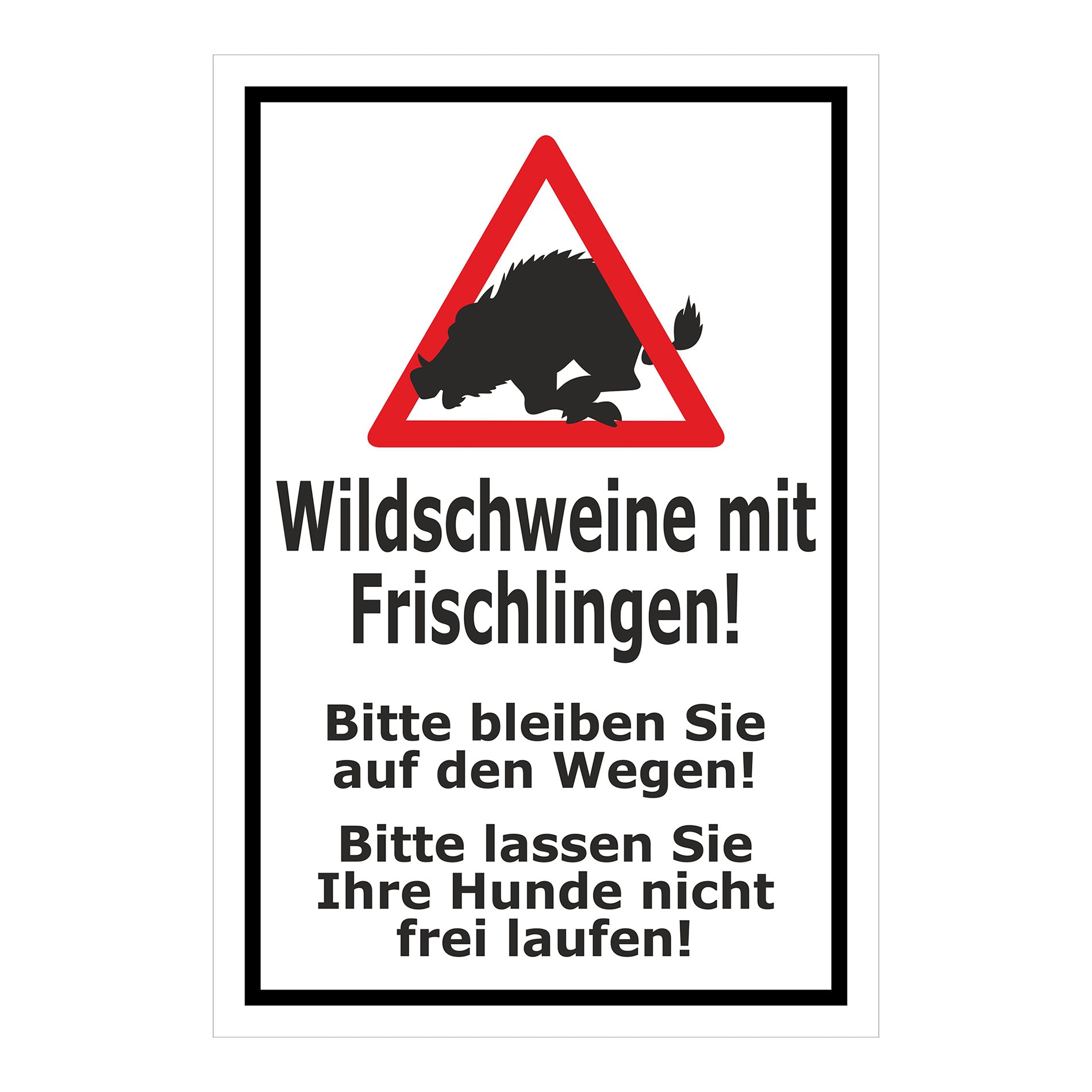 Schild Wildschweine mit Frischlingen ‚Wildschweine mit Frischlingen! Bitte bleiben Sie auf den Wegen! Bitte lassen Sie Ihre Hunde nicht frei laufen!‘ weiß mit schwarzem Rahmen
