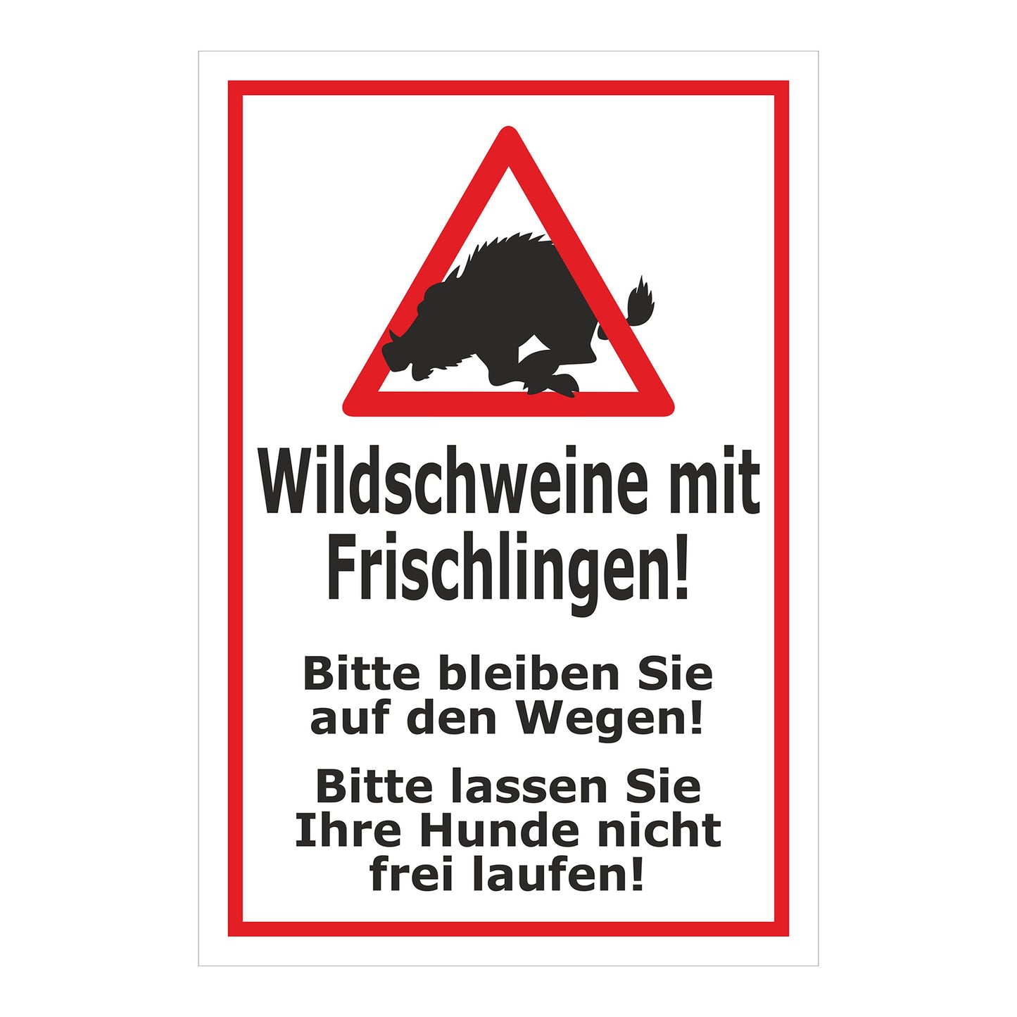 Schild Wildschweine mit Frischlingen ‚Wildschweine mit Frischlingen! Bitte bleiben Sie auf den Wegen! Bitte lassen Sie Ihre Hunde nicht frei laufen!‘ weiß mit rotem Rand