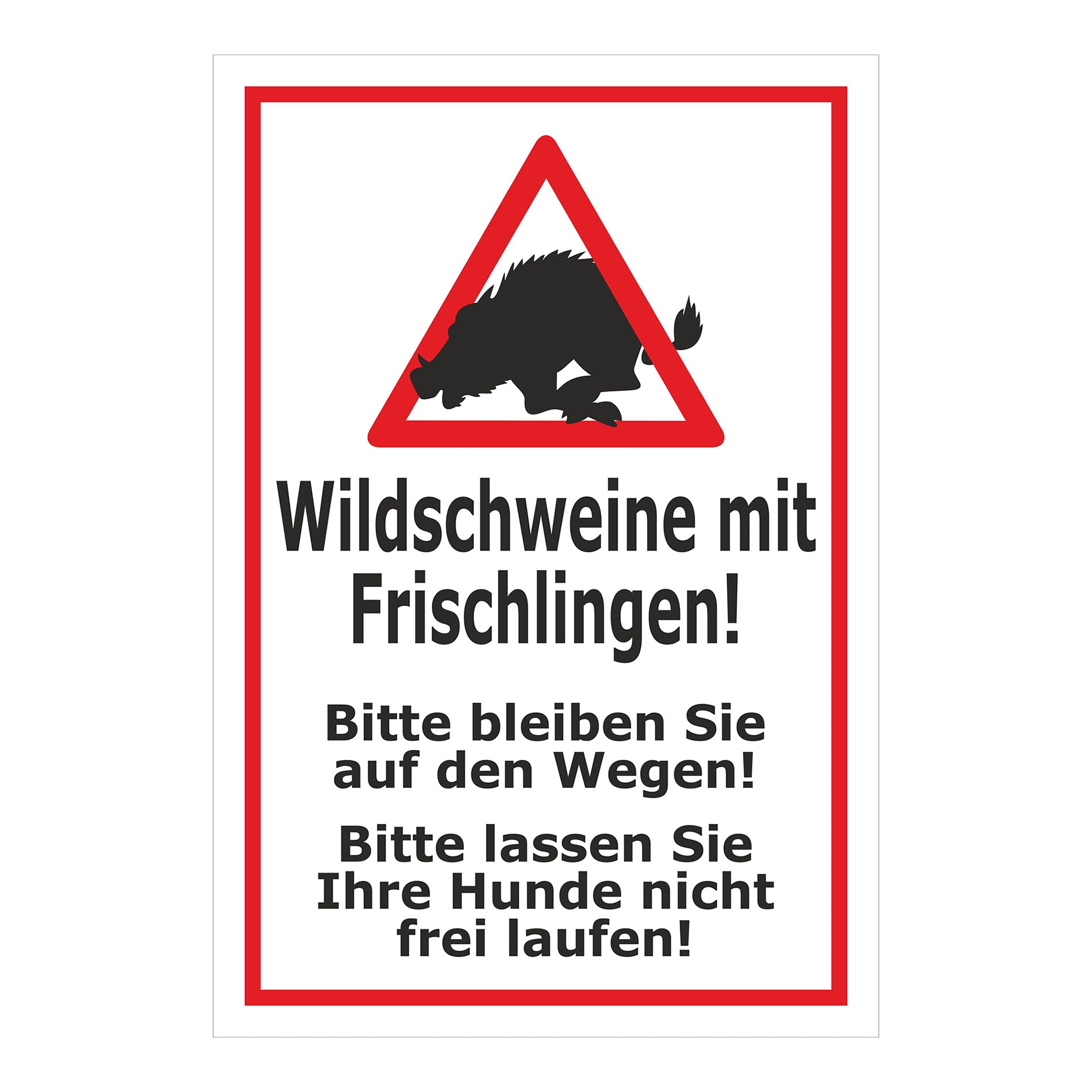 Schild Wildschweine mit Frischlingen ‚Wildschweine mit Frischlingen! Bitte bleiben Sie auf den Wegen! Bitte lassen Sie Ihre Hunde nicht frei laufen!‘ weiß mit rotem Rand