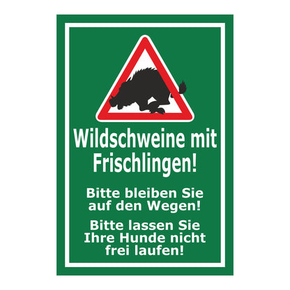 Schild Wildschweine mit Frischlingen ‚Wildschweine mit Frischlingen! Bitte bleiben Sie auf den Wegen! Bitte lassen Sie Ihre Hunde nicht frei laufen!‘ grüner Hintergrund