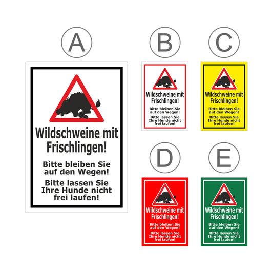 Übersichtsbild Schild Wildschweine mit Frischlingen ‚Wildschweine mit Frischlingen! Bitte bleiben Sie auf den Wegen! Bitte lassen Sie Ihre Hunde nicht frei laufen!‘ mit allen Farbvarianten