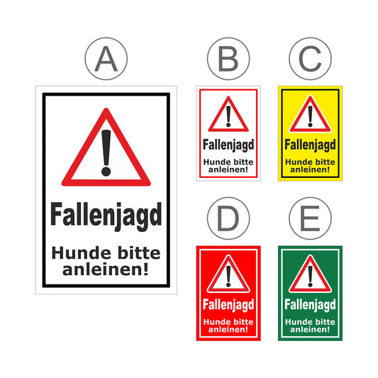 Übersichtsbild Schild Fallenjagd Hunde bitte anleinen mit allen verfügbaren Farbvarianten