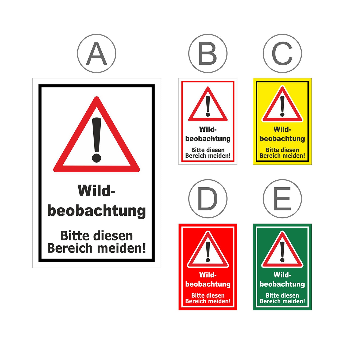 Übersichtsbild Schild Wildbeobachtung Bitte diesen Bereich meiden mit allen verfügbaren Farbvarianten