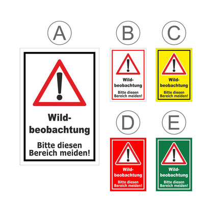 Übersichtsbild Schild Wildbeobachtung Bitte diesen Bereich meiden mit allen verfügbaren Farbvarianten