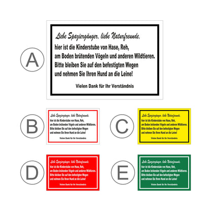 Übersichtsbild Schild Naturschutz Bitte auf Wegen bleiben Hund anleinen mit allen verfügbaren Farbvarianten