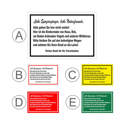 Übersichtsbild Schild Naturschutz ‚Liebe Spaziergänger, liebe Naturfreunde, bitte gehen Sie hier nicht weiter!‘ mit allen Farbvarianten