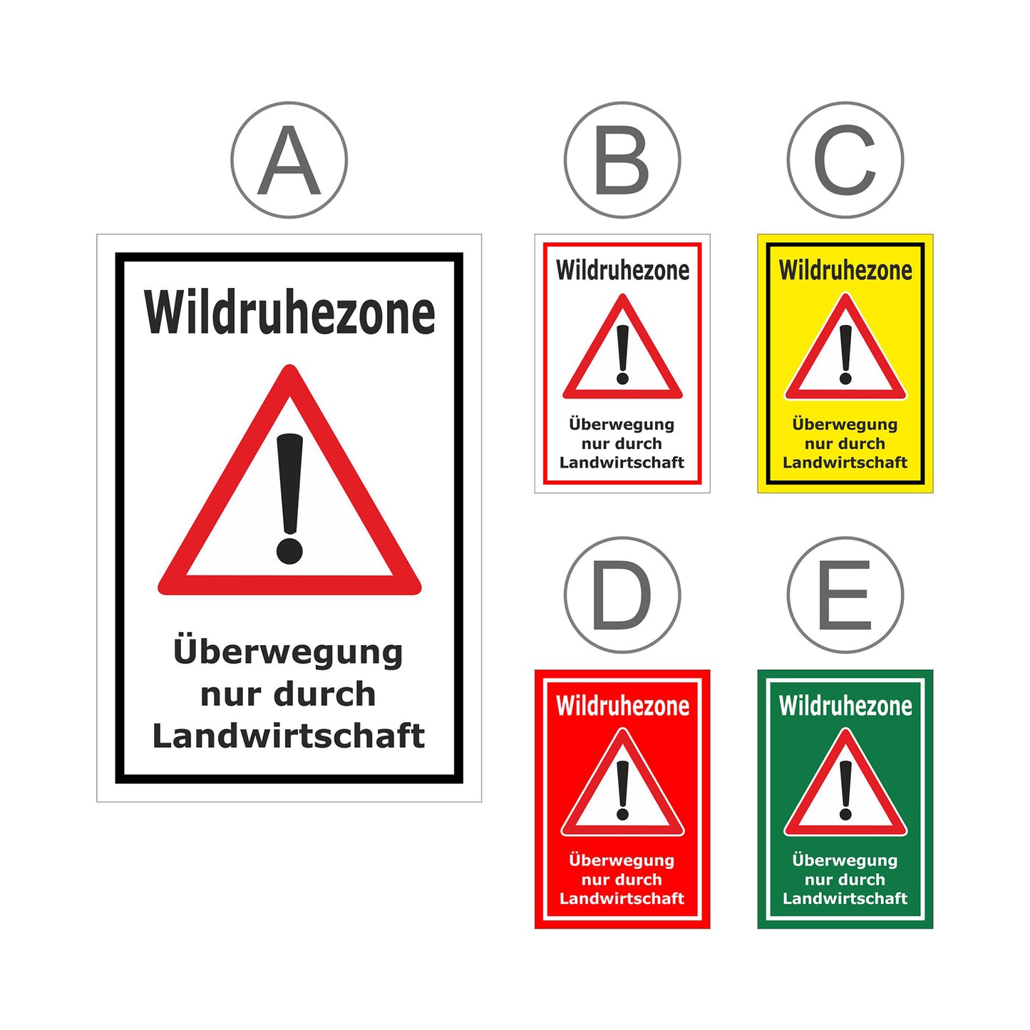 Übersichtsbild Schild Wildruhezone Überwegung nur durch Landwirtschaft mit allen verfügbaren Farbvarianten