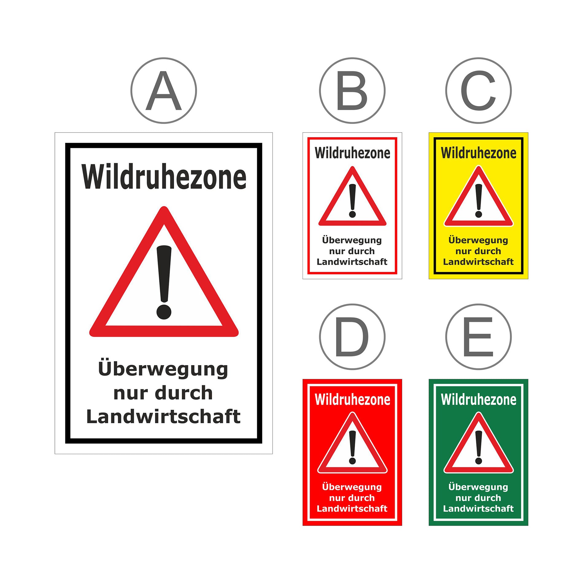 Übersichtsbild Schild Wildruhezone Überwegung nur durch Landwirtschaft mit allen verfügbaren Farbvarianten