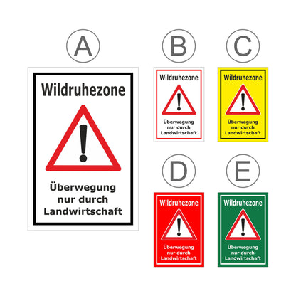 Übersichtsbild Schild Wildruhezone Überwegung nur durch Landwirtschaft mit allen verfügbaren Farbvarianten