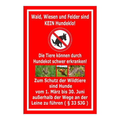 Schild Wald Wiesen Felder kein Hundeklo mit rotem Hintergrund