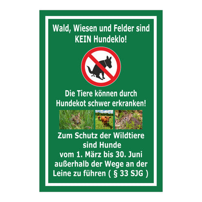 Schild Wald Wiesen Felder kein Hundeklo mit grünem Hintergrund