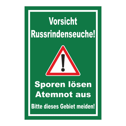 Schild Vorsicht Russrindenseuche in grün