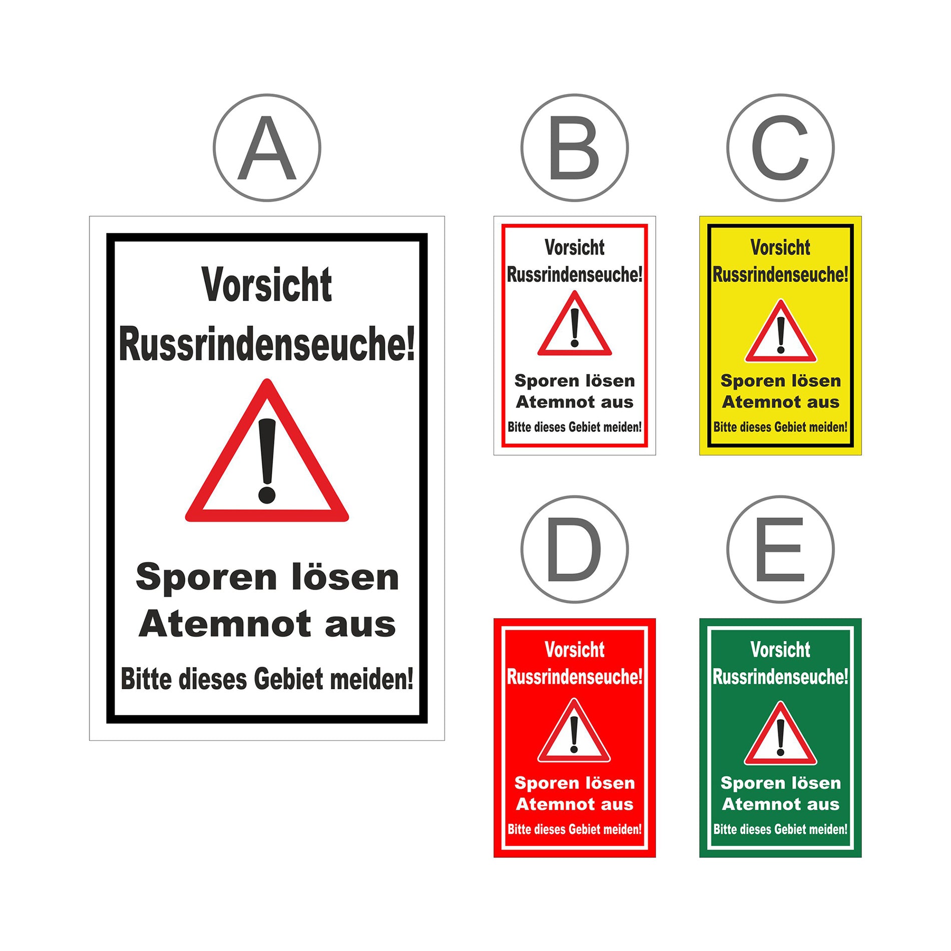 Übersichtsbild Schild Vorsicht Russrindenseuche mit allen verfügbaren Farbvarianten