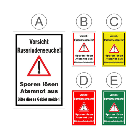 Übersichtsbild Schild Vorsicht Russrindenseuche mit allen verfügbaren Farbvarianten