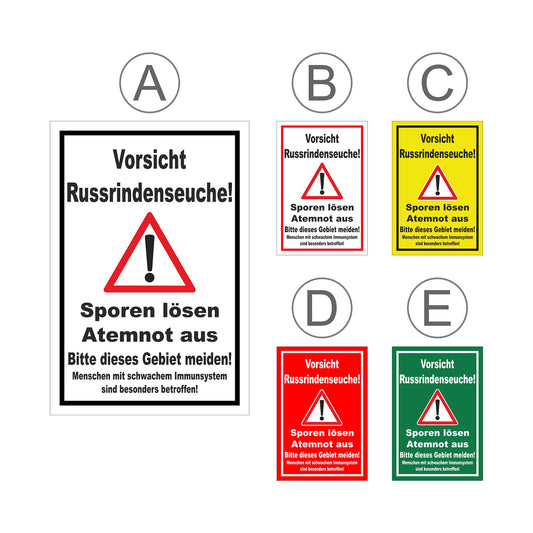 Übersichtsbild Schild Vorsicht Russrindenseuche Sporenwarnung ‚Vorsicht Russrindenseuche! Sporen lösen Atemnot aus‘ mit allen Farbvarianten