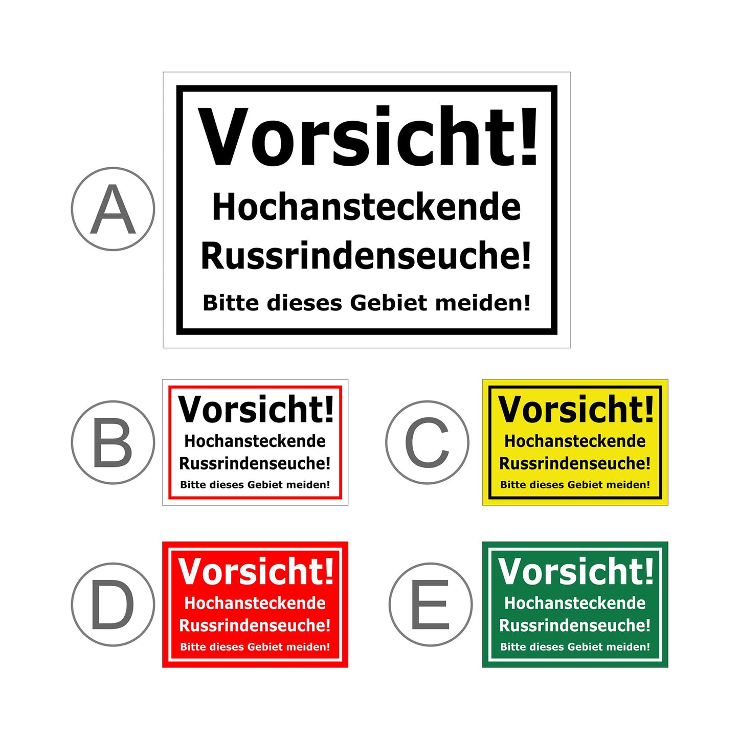 Übersichtsbild Schild Vorsicht Hochansteckende Russrindenseuche Gebiet meiden mit allen verfügbaren Farbvarianten