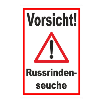 Schild Vorsicht Russrindenseuche in weiß mit rotem Rand und Warnsymbol