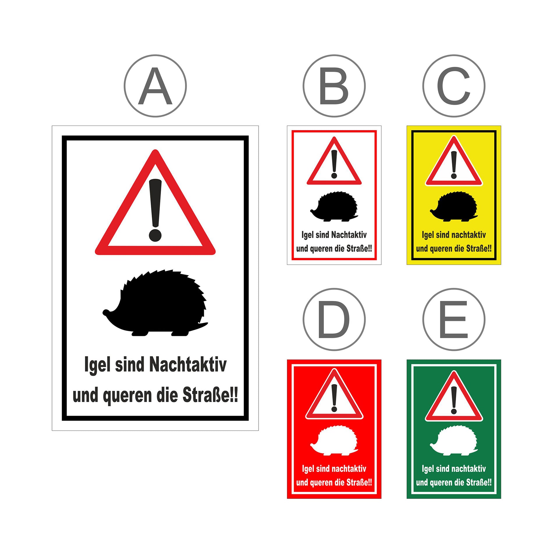 Übersichtsbild Schild Igel Warnhinweis Nachtaktiv Straßenquerung ‚Igel sind Nachtaktiv und queren die Straße!!‘ mit allen Farbvarianten